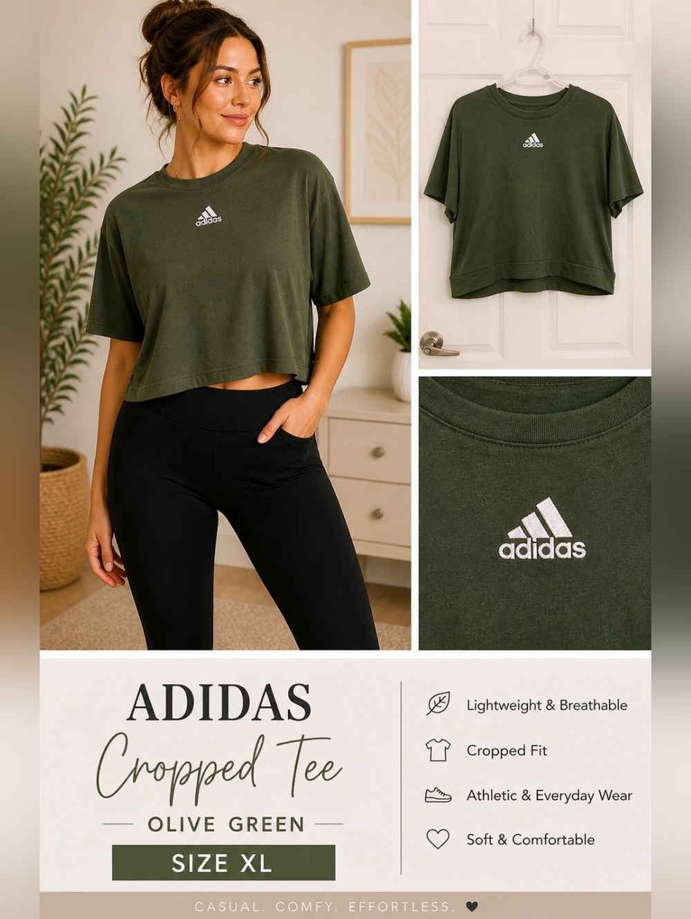 Women's adidas Olive Green Cropped Logo Athletic Tee Size XL